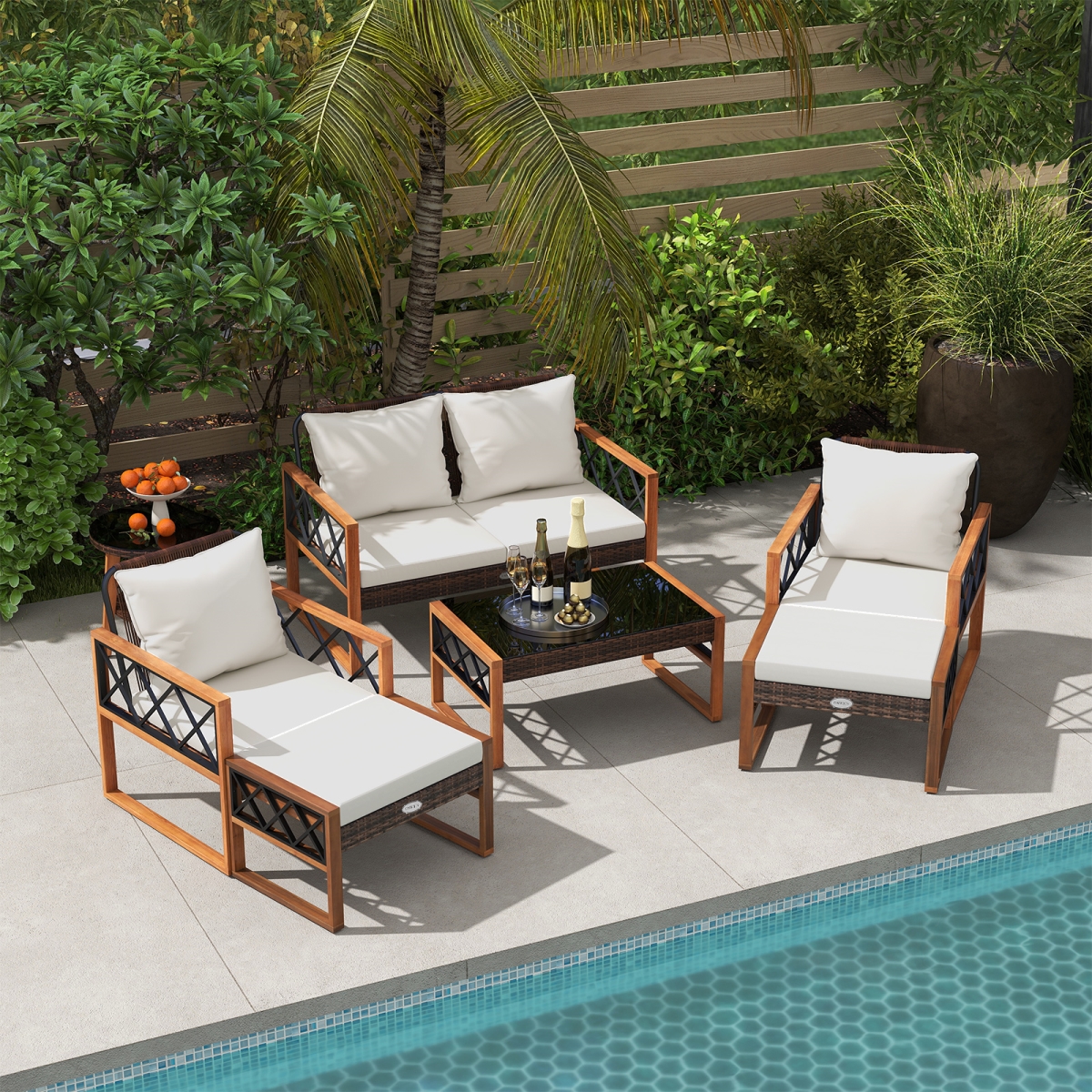 HW74724WH-HW74725WH-HW74726WH-2 Patio Furniture Set - PE Wicker Acacia Wood Outdoor Conversation Set, Off White - 7 Piece