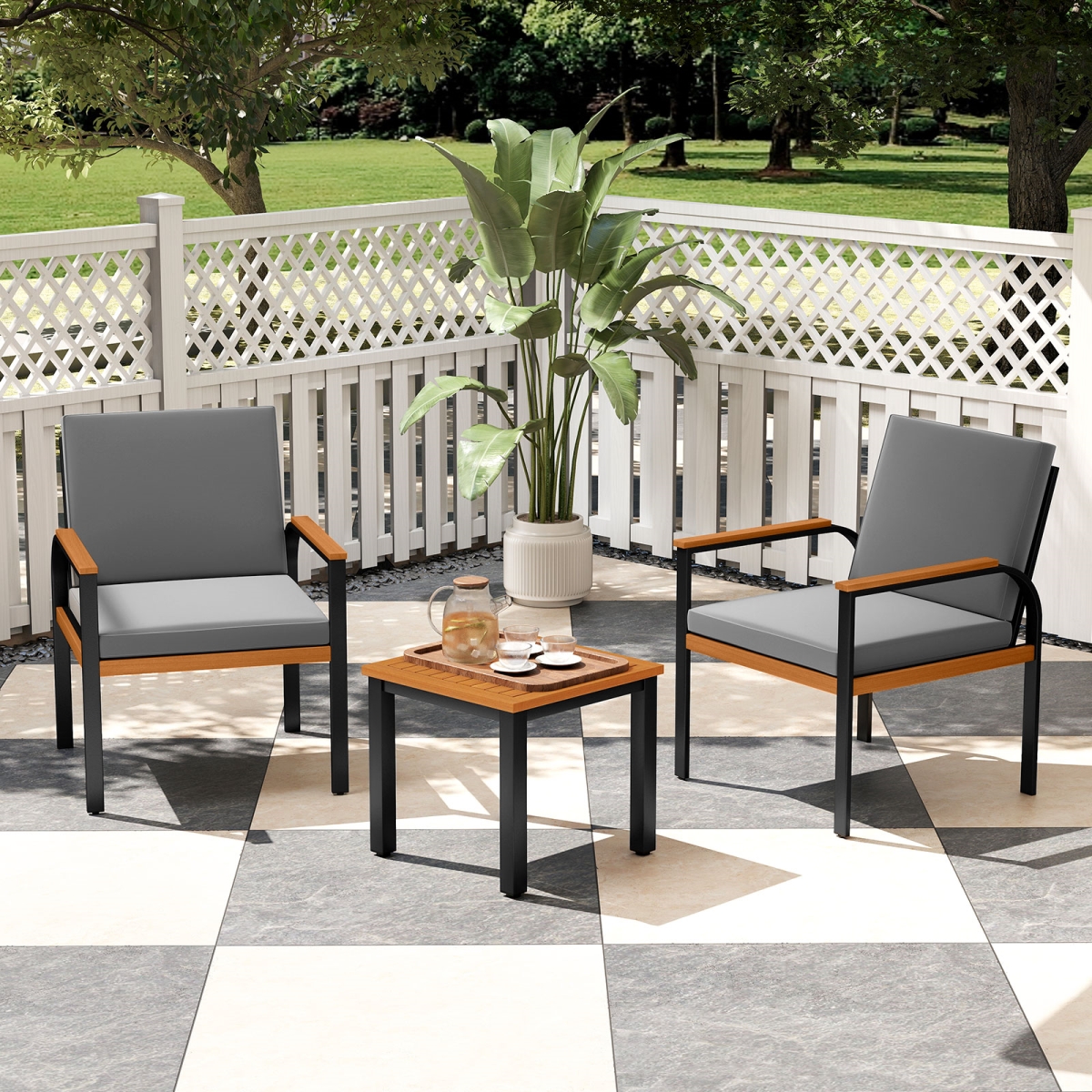 HW74761GR Patio Furniture Set - Outdoor Conversation Set with Coffee Table, Gray - 3 Piece