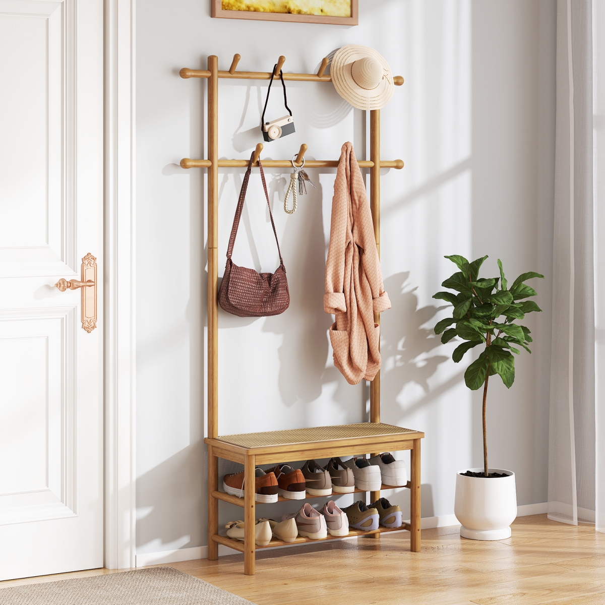 JV12779NA Bamboo Coat Rack PE Rattan Hall Tree with Bench & Shoe Storage 3-in-1 Entryway Bench, Natural