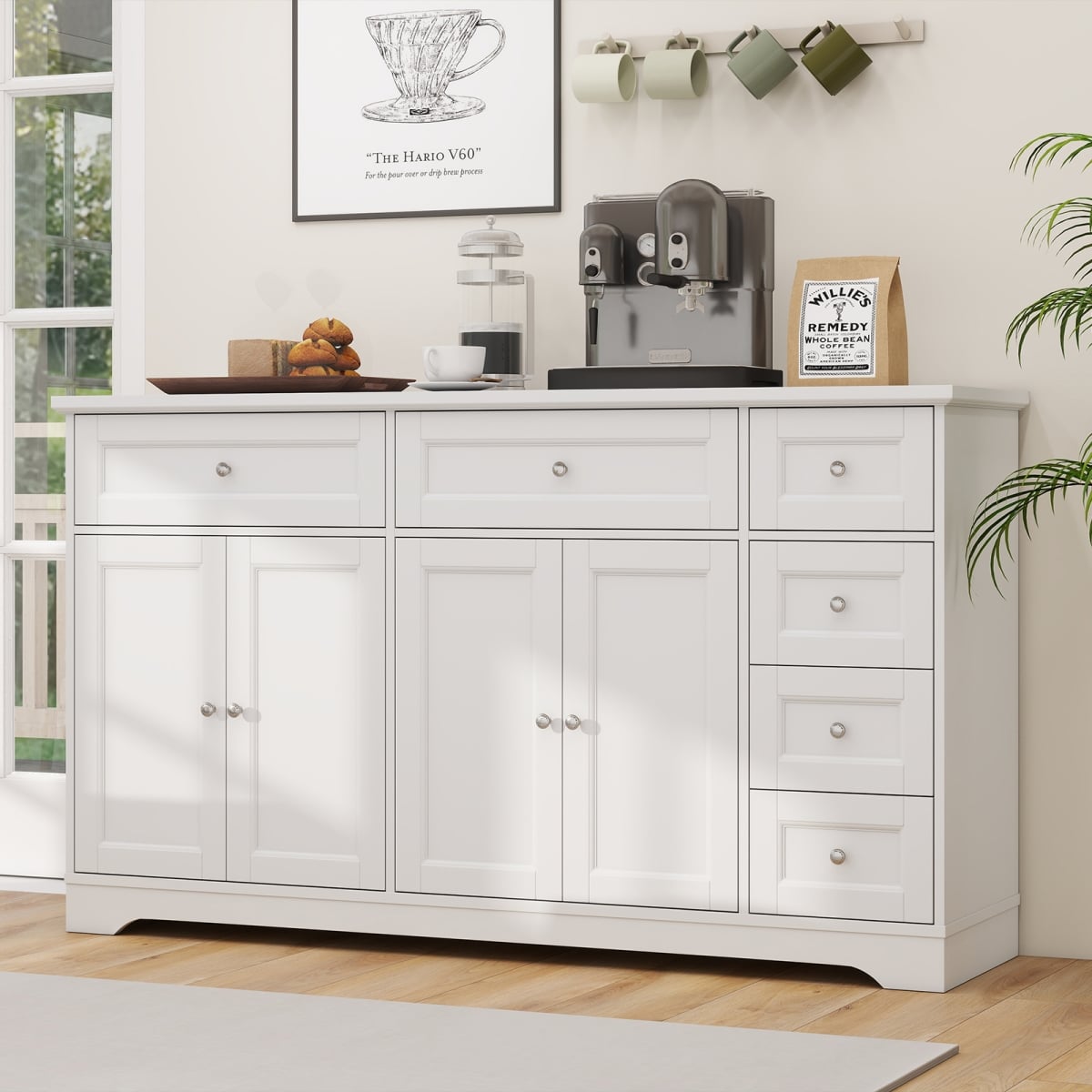 JV12793WH 59 in. Buffet Sideboard - Modern Coffee Bar Station Console Table, White
