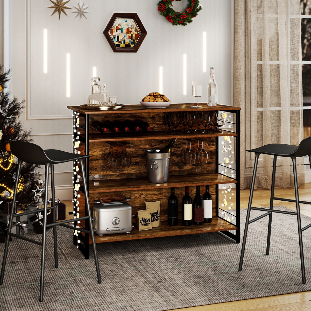JV12865CF 4-Tier Mini Bar Kitchen Island with Footrest & Wine Rack, Coffee