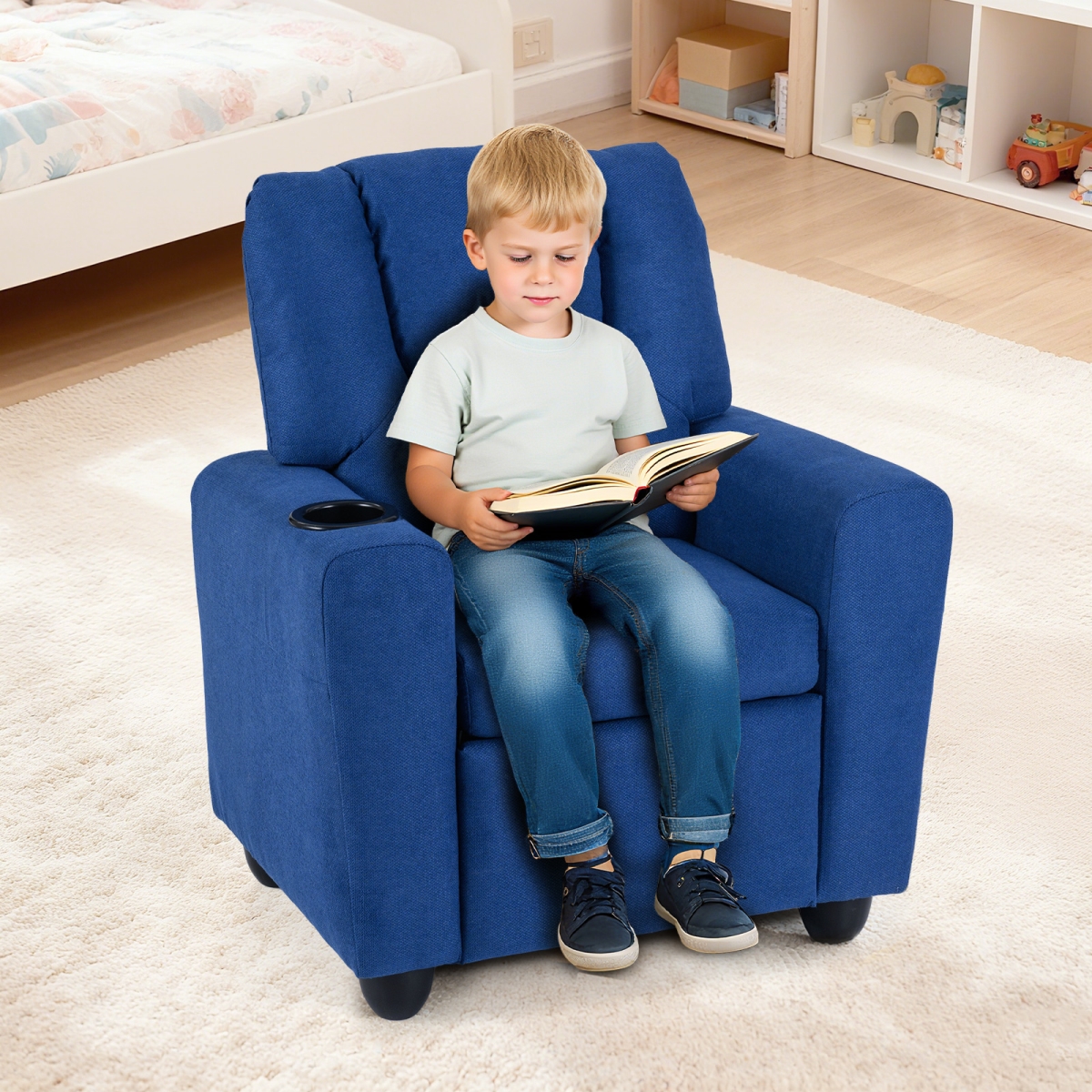HY10458BL Kids Recliner Chair - Push Back Toddler Reclining Armchair with Cup Holder, Blue
