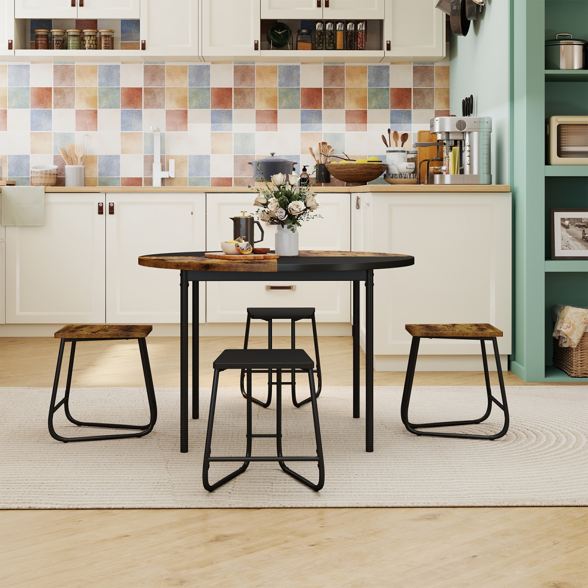 KC58419CF Dining Set for 47 in. Round Kitchen Table & 4 Stools, Brown - 5 Piece