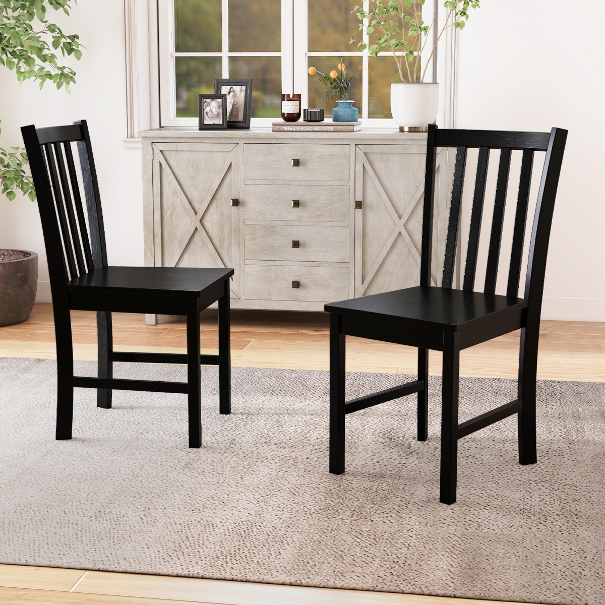 KC58690BK Rustic Dining Chairs - Wooden Kitchen Chairs with Slat Tilt Backrest, Black - Set of 2