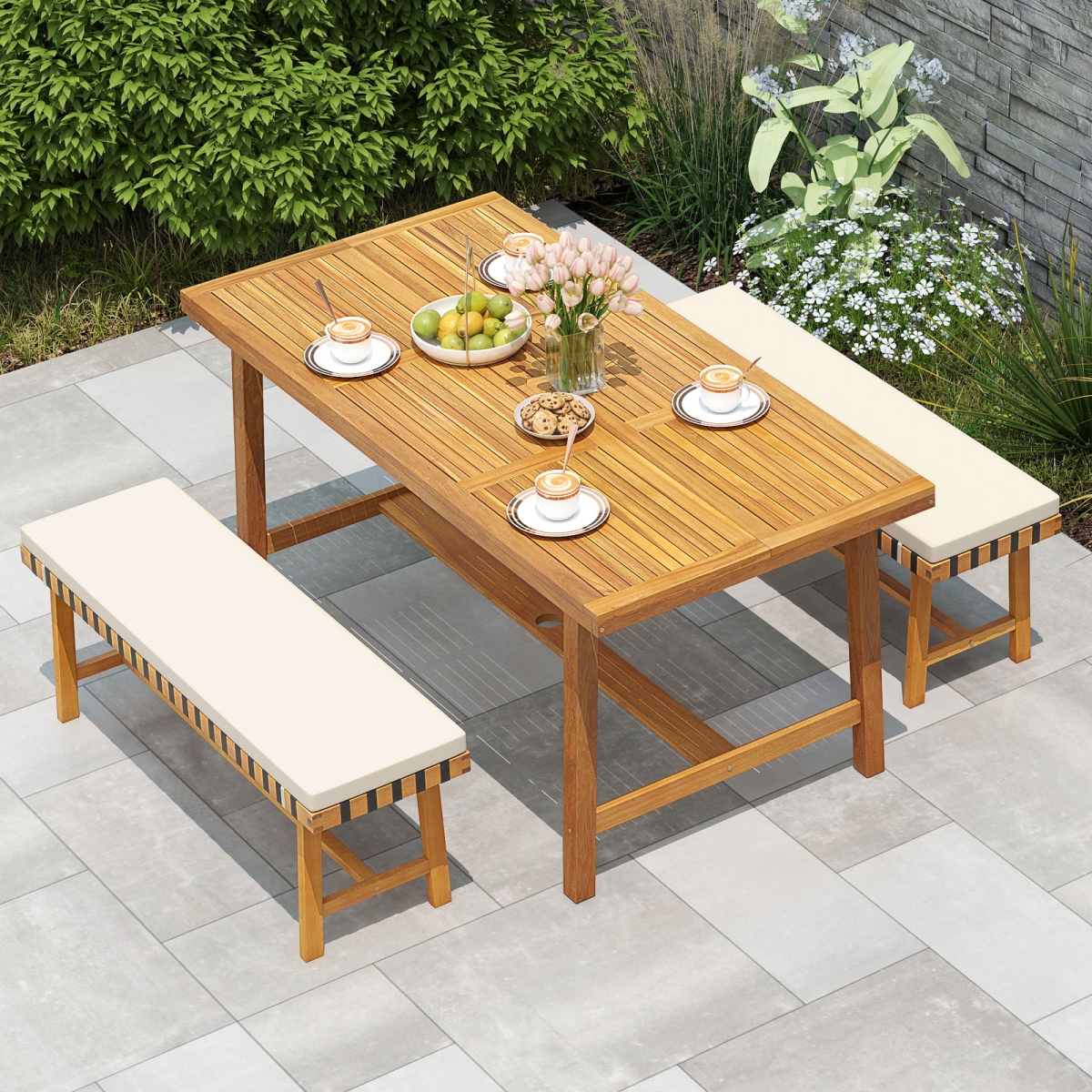 HW74382-HW74381-2 Patio Dining Set for 4 People Farmhouse Furniture, Natural & Off White - 3 Piece