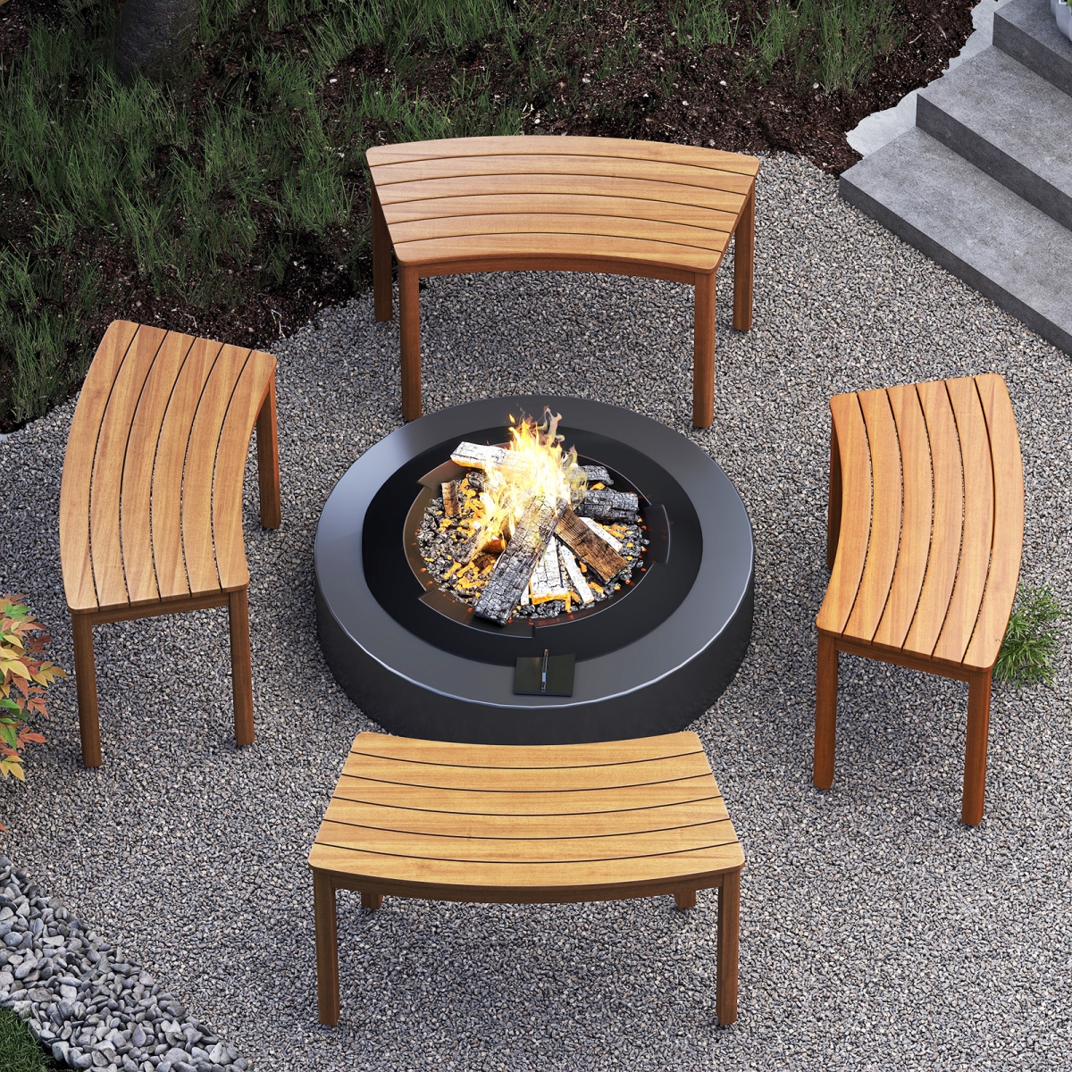 HW74571-4 Outdoor Curved Acacia Wood Bench for Front Porch, Natural - Set of 4