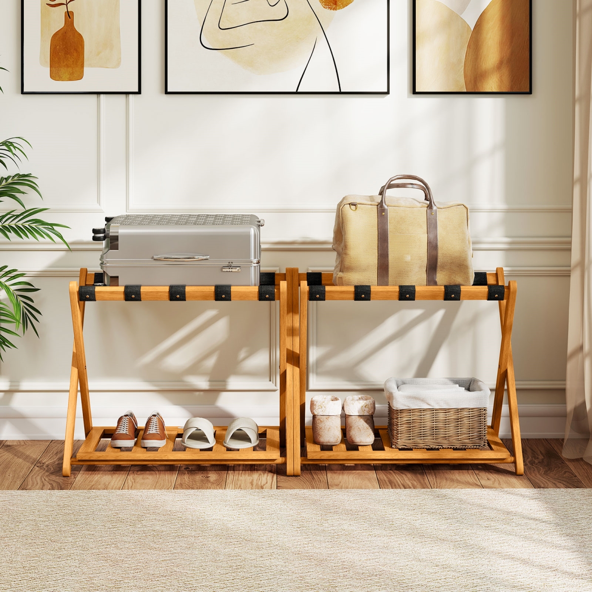 HW74679-2 Folding Luggage Racks with 5 Nylon Straps & Slatted Storage Shelf, Oak - Set of 2