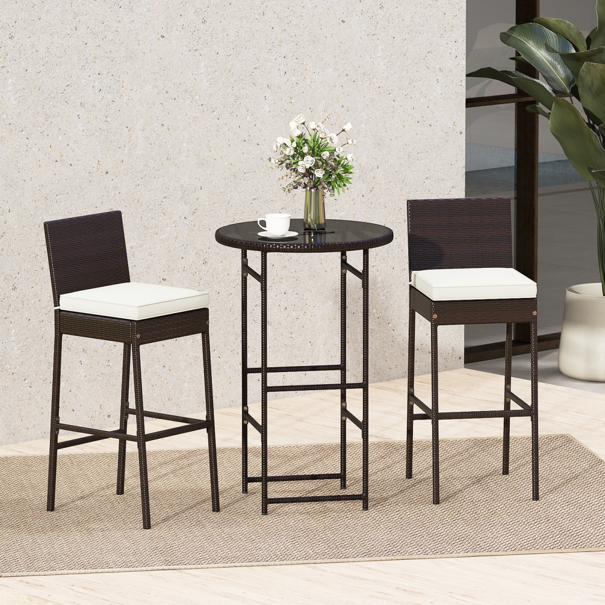 HW74697WH Outdoor Bar Set - Patio Heavy-Duty Metal Barstool & Table Set, White - 3 Piece