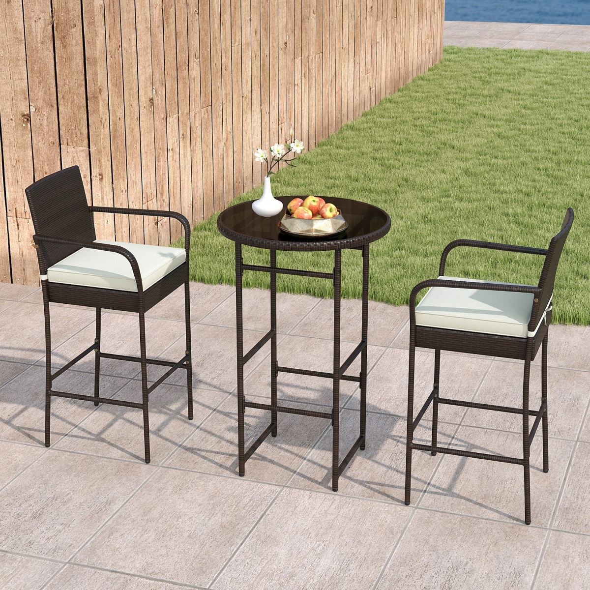 HW74698WH Outdoor Bar Set with 2 Seat Cushions for Porch Yard, White - 3 Piece