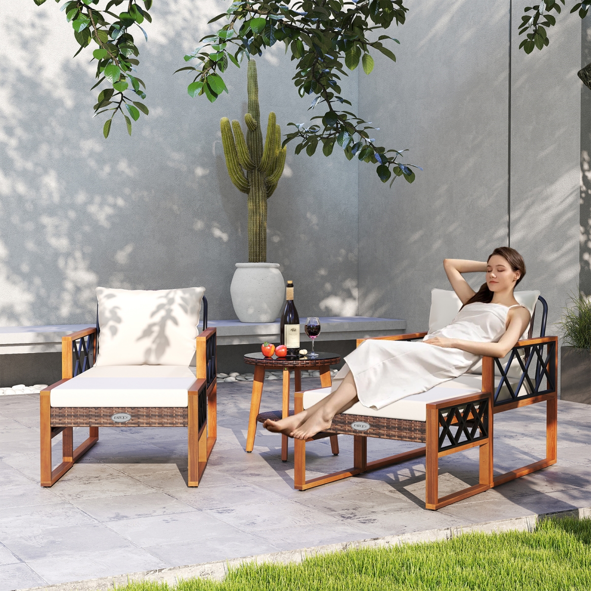HW74725WH-HW74726WH-2 Patio Furniture Set - PE Rattan Outdoor Conversation Set with Acacia Wood, Off White - 5 Piece