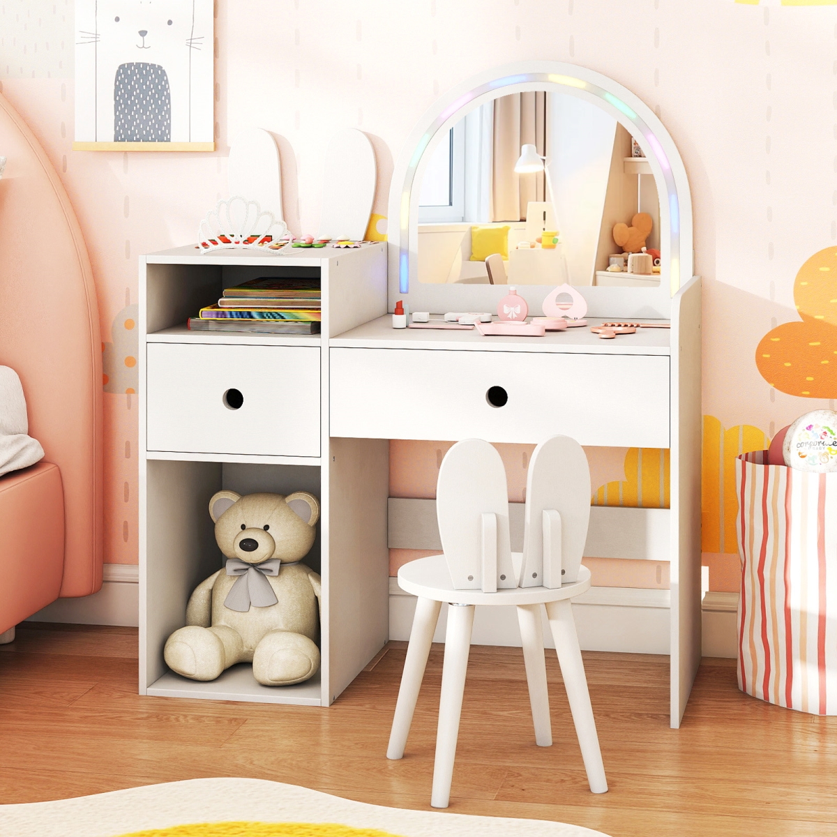 HY10440BS Kids Vanity Desk & Chair Set with Lights Open Shelves, White
