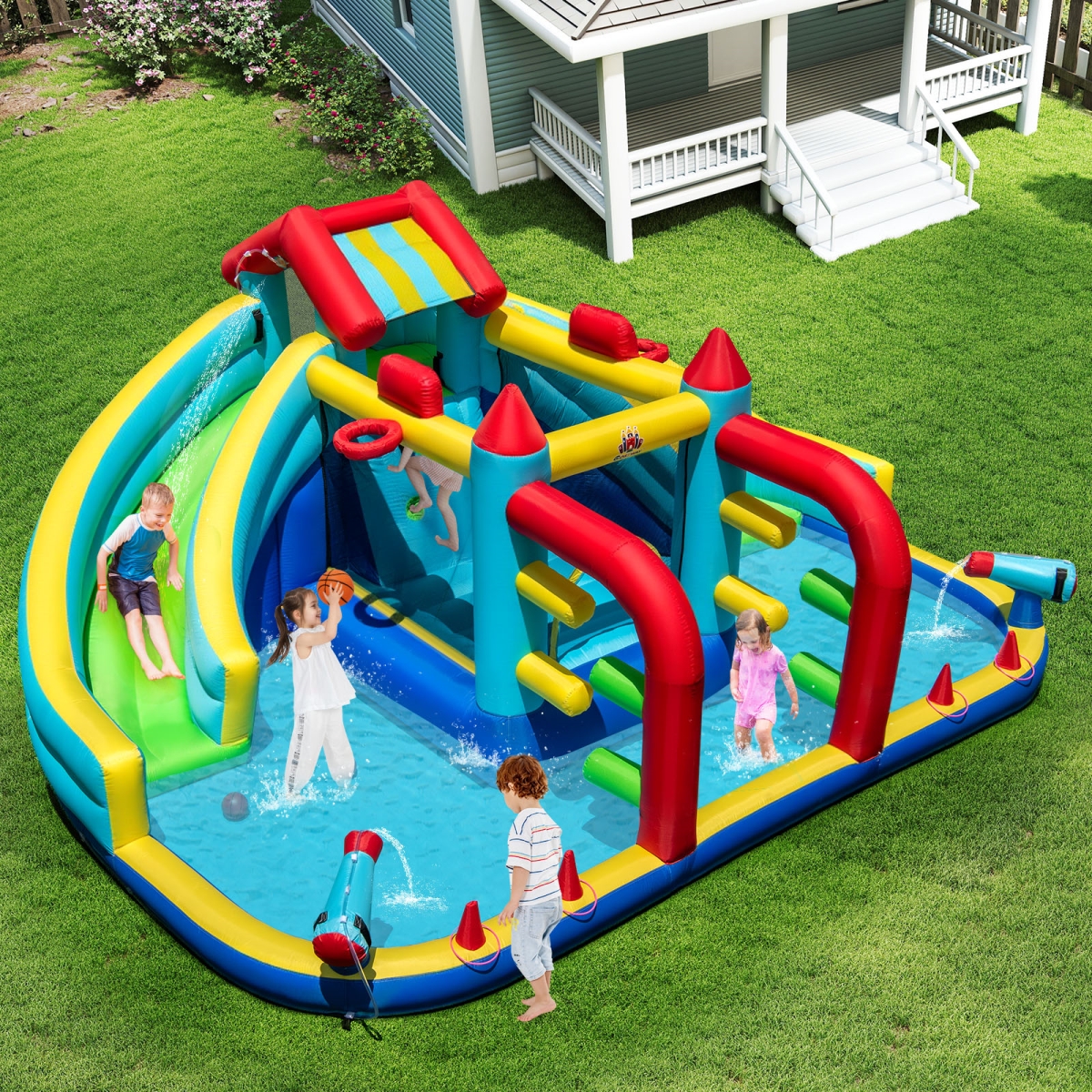 NP12496 Inflatable Double Water Slide Park with Obstacle Course & Basketball Hoops, Multi Color