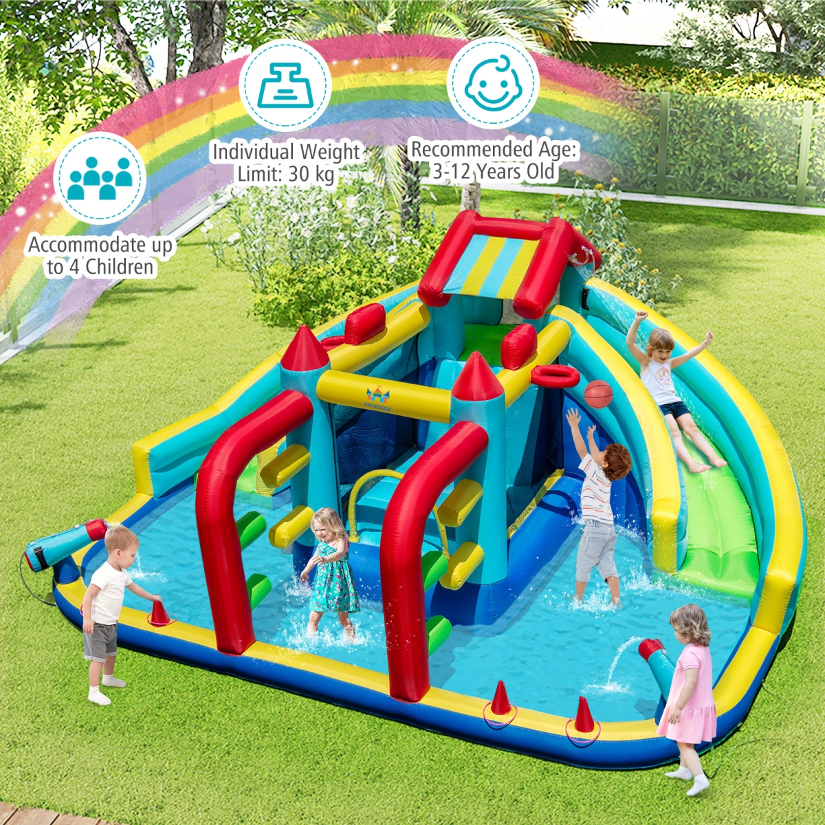 NP12496-EP24683 Inflatable Double Water Slide Park with Obstacle Course & 735W Blower, Multi Color