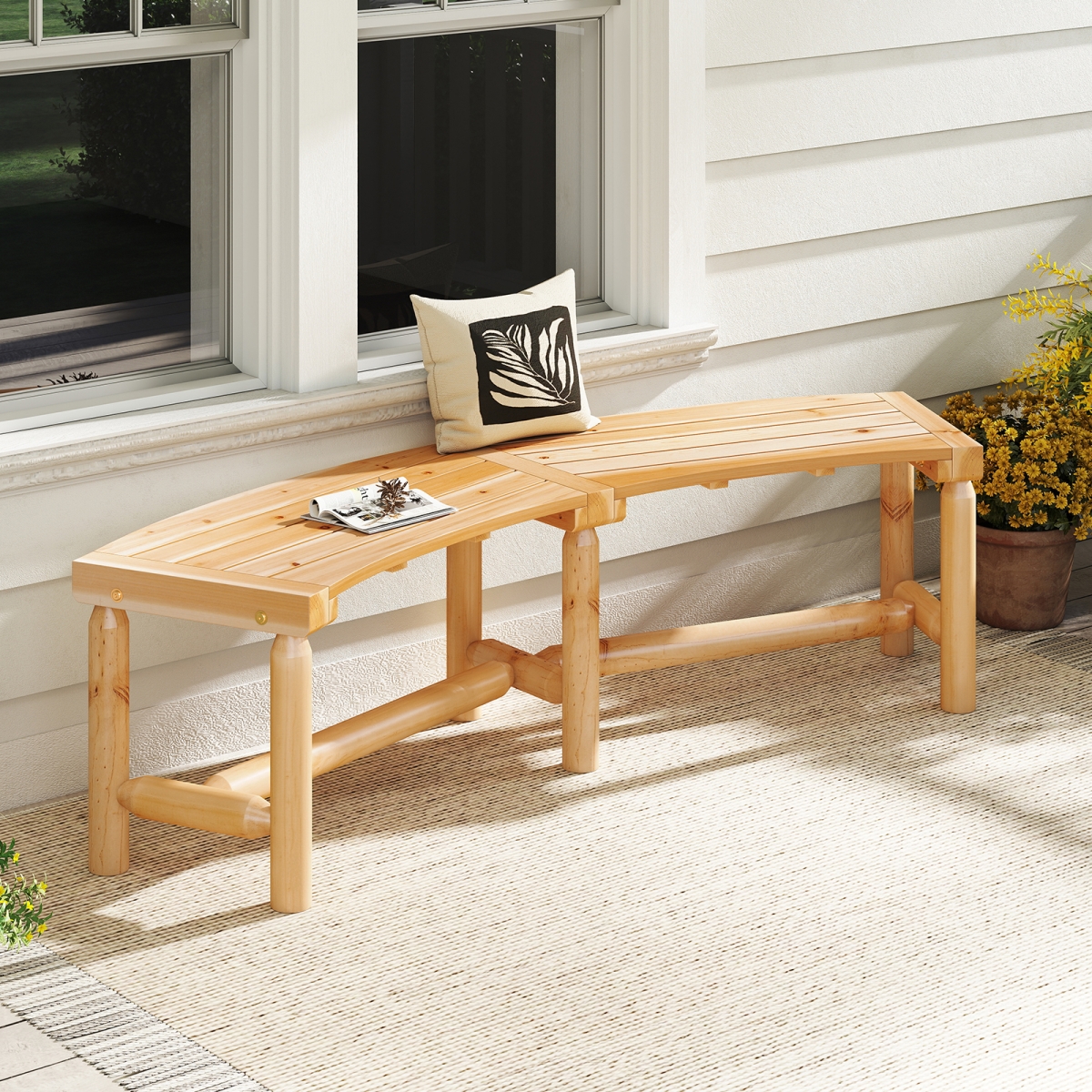 NP12667NA Patio Curved Bench Solid Wood Fire Pit Bench Outdoor Backless Loveseat, Natural