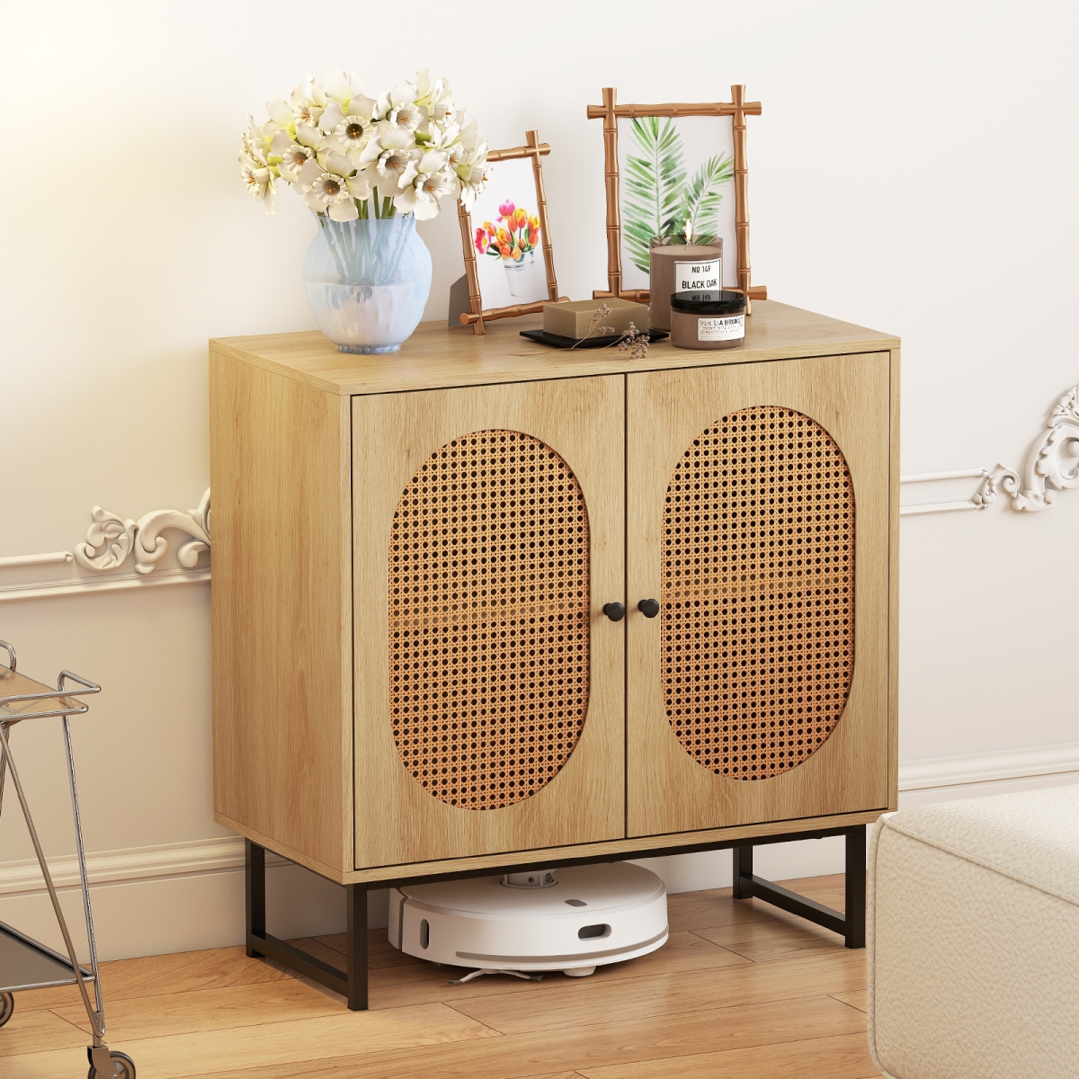 JV12029NA Buffet Cabinet Rattan Storage Cabinet with 2 Doors & Adjustable Shelf, Natural