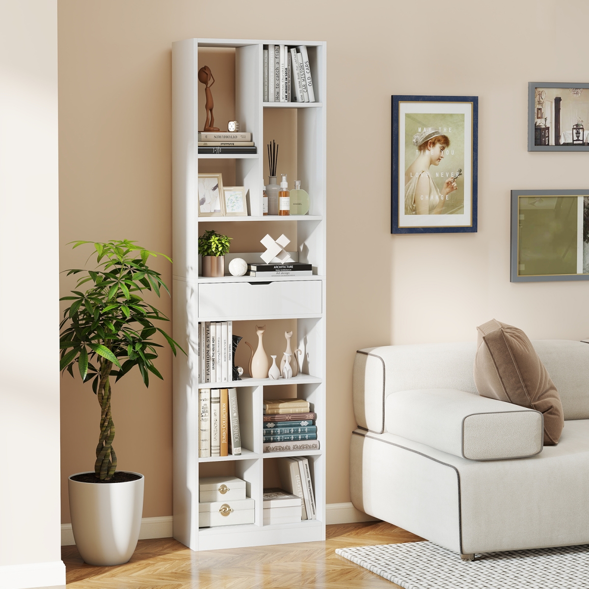 JV12105WH 7-Tier Bookshelf with Drawer 180 cm Floor Standing Display Rack Storage Shelf, White