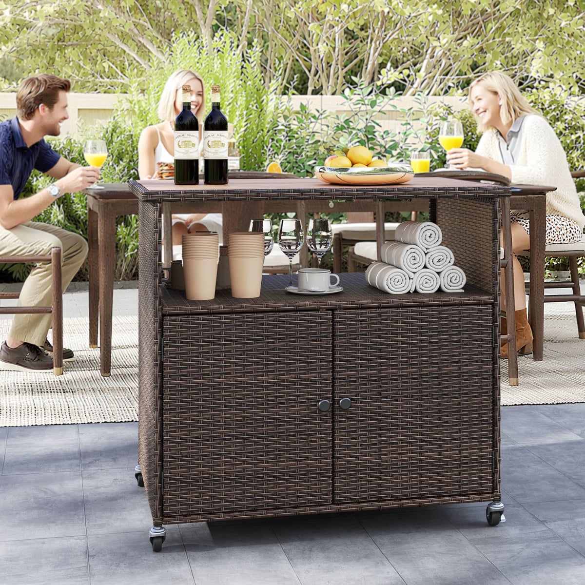HW74214 Outdoor Storage Cabinet with Acacia Wood Top & Lockable Wheels, Mix Brown