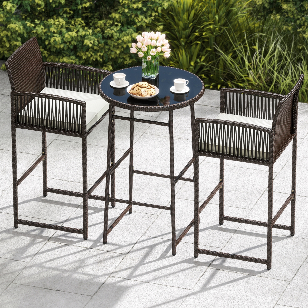HW74694WH Patio Bar Set - Outdoor Wicker Bar Height Table with Matching Armchairs, White - 3 Piece