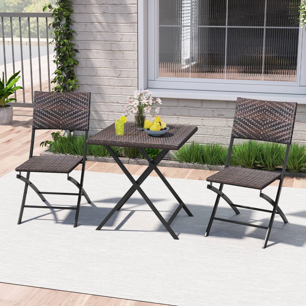 HW74723 Rattan Bistro Set Outdoor Folding Dining Table & Chairs with Wicker Seat, Mix Brown - 3 Piece