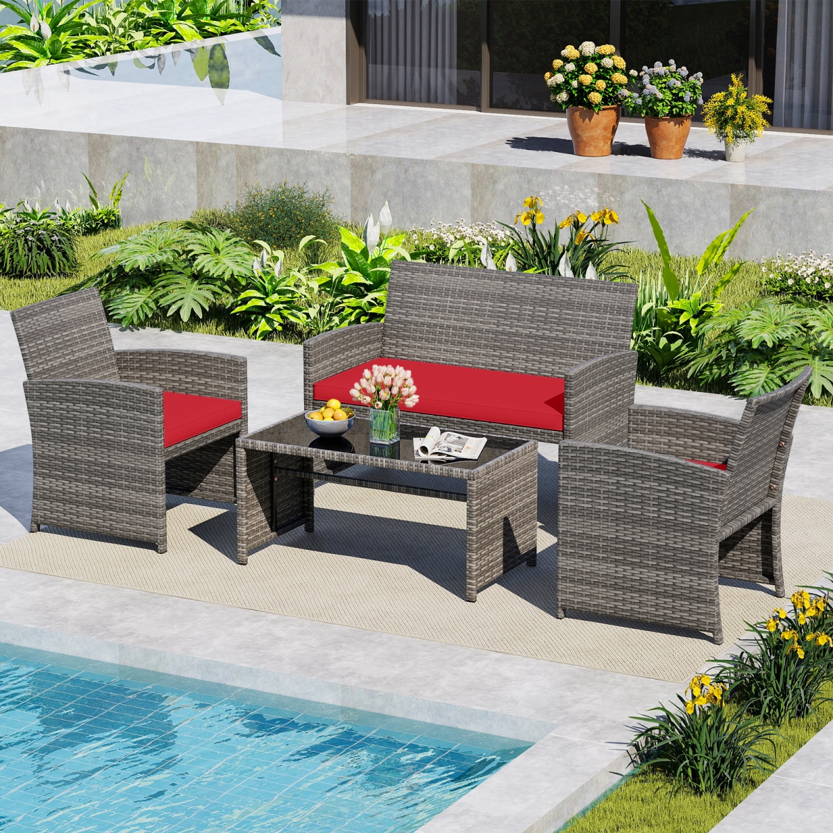 HW74739RE Patio Conversation Set - Rattan Chair Loveseat & Table Set, Red - 4 Piece