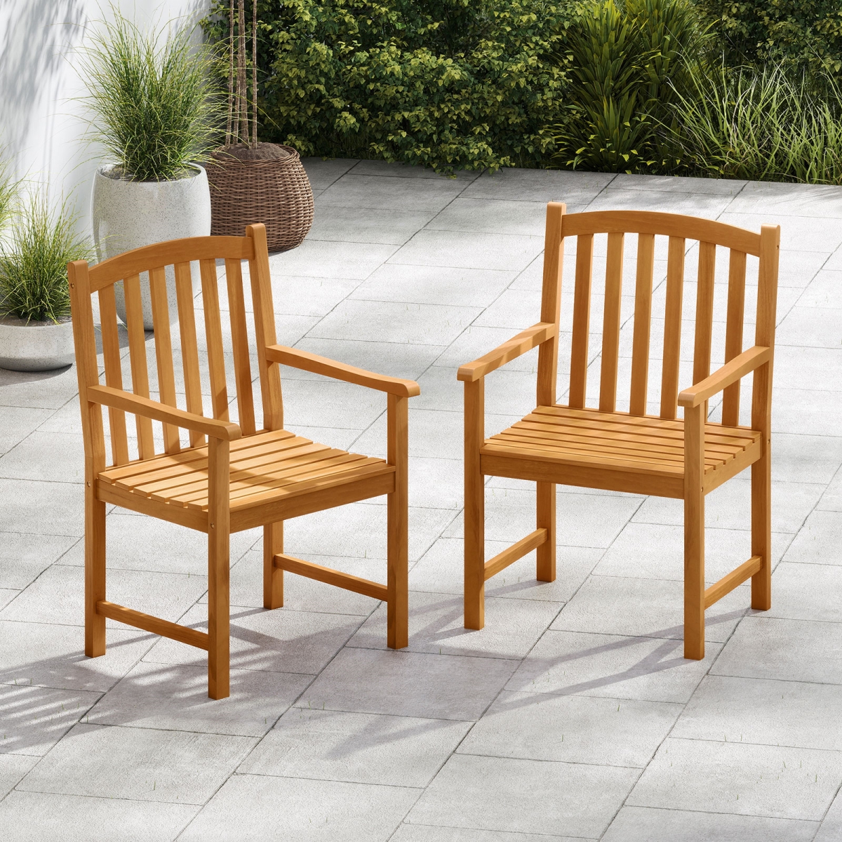 HW74769-2 Solid Acacia Wood Patio Chairs with Slatted Seat & Inclined Backrest for Porch, Natural - Set of 2