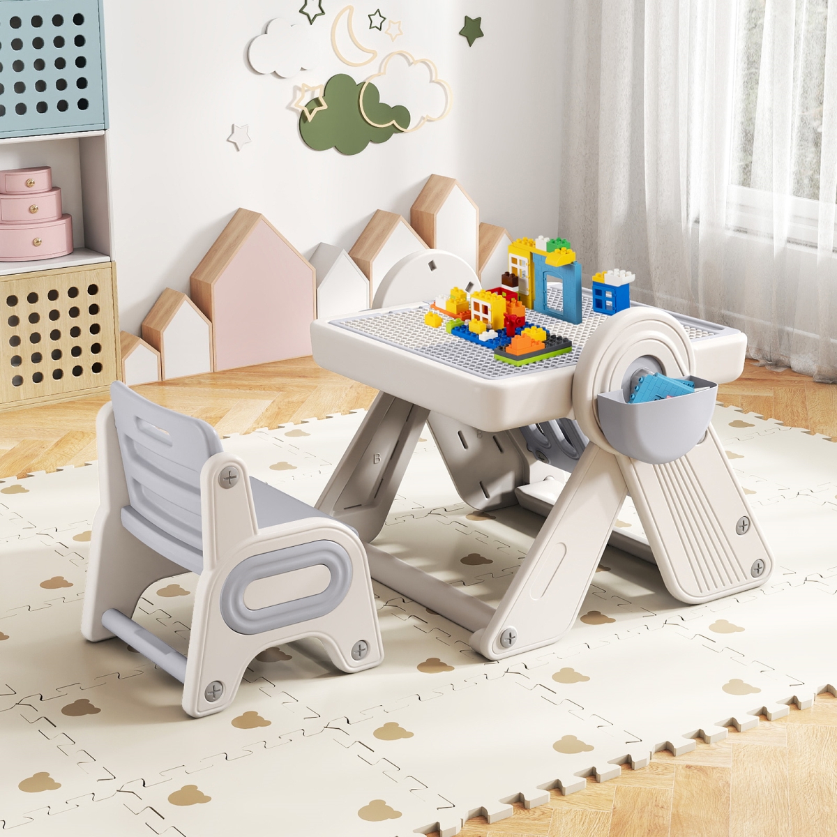 HY10309HB 6-in-1 Multi-Activity Children Table & Chair Set with Folding Art Easel Set, Gray & White