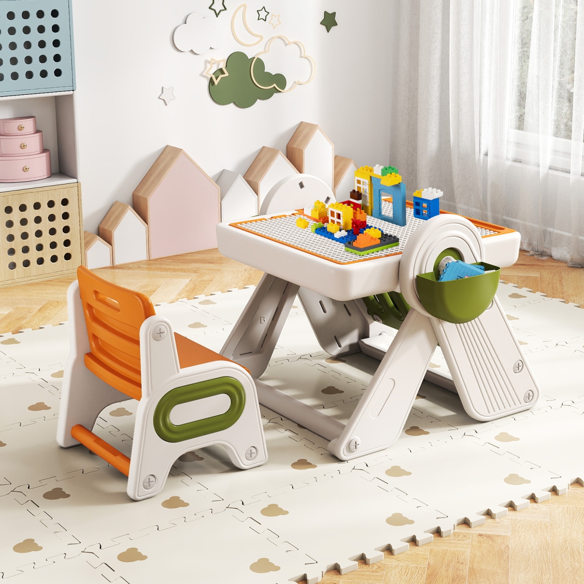 HY10309OR 6-in-1 Multi-Activity Children Table & Chair Set with Folding Art Easel Set, Orange