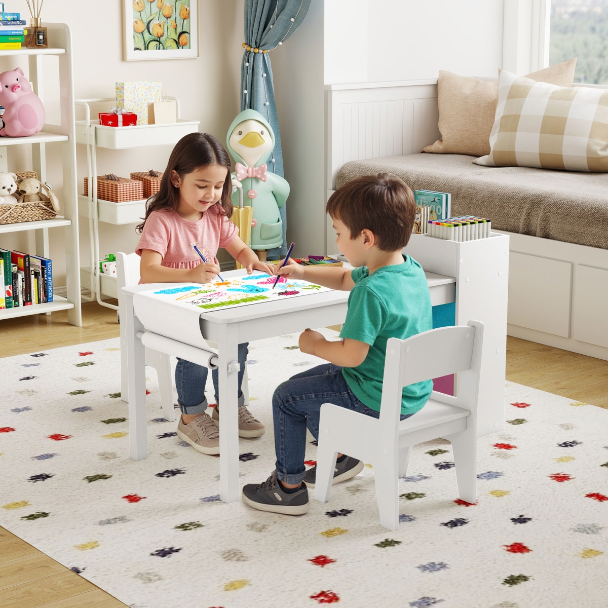 HY10355WH Kids Art Table & Chairs Set with 2 Chairs & Paper Roll, White