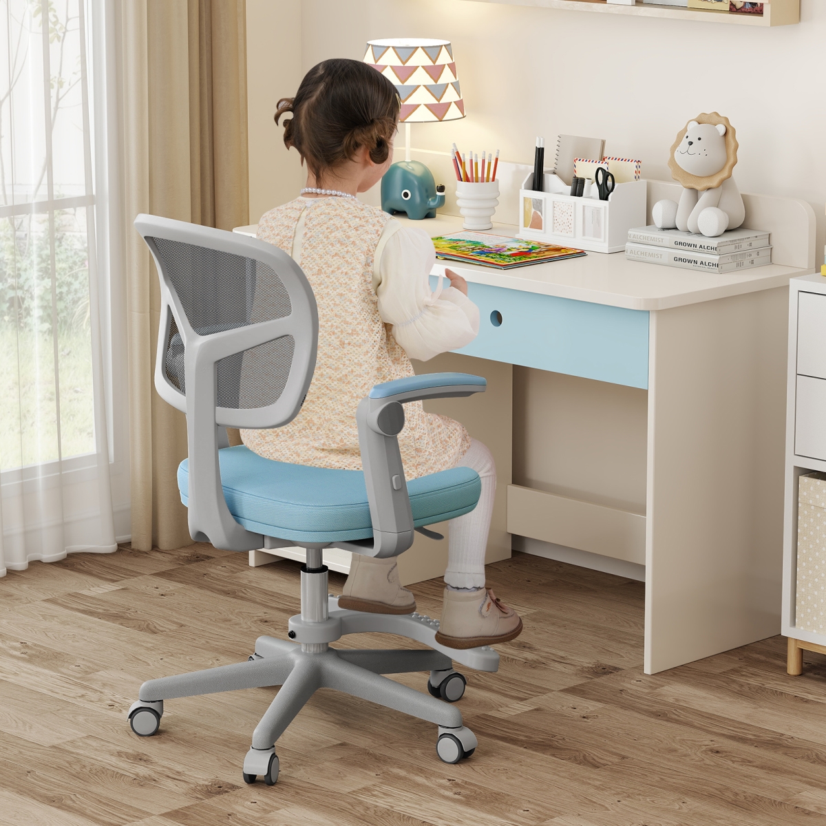 HY10398BL Kids Desk Chair Children Study Chair with Adjustable Height Armrest & Footrest, Blue