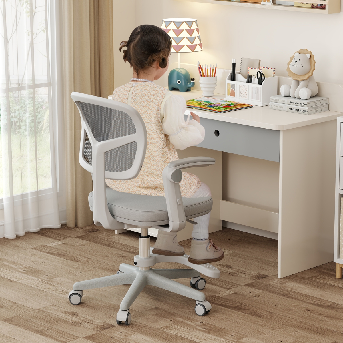 HY10398HS Kids Desk Chair Children Study Chair with Adjustable Height Armrest & Footrest, Gray
