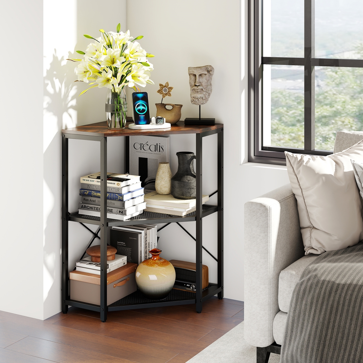 JV12327US-CF Corner Printer Stand with Power Outlet 3-Tier Storage Rack with Adjustable Shelf, Brown