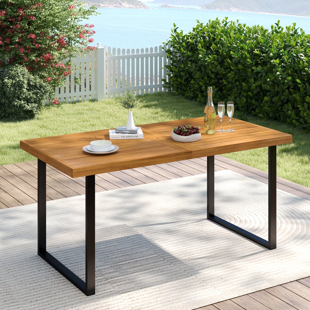 HW74379 Acacia Wood Dining Table for 6 People Wooden Rectangular Table, Natural & Black