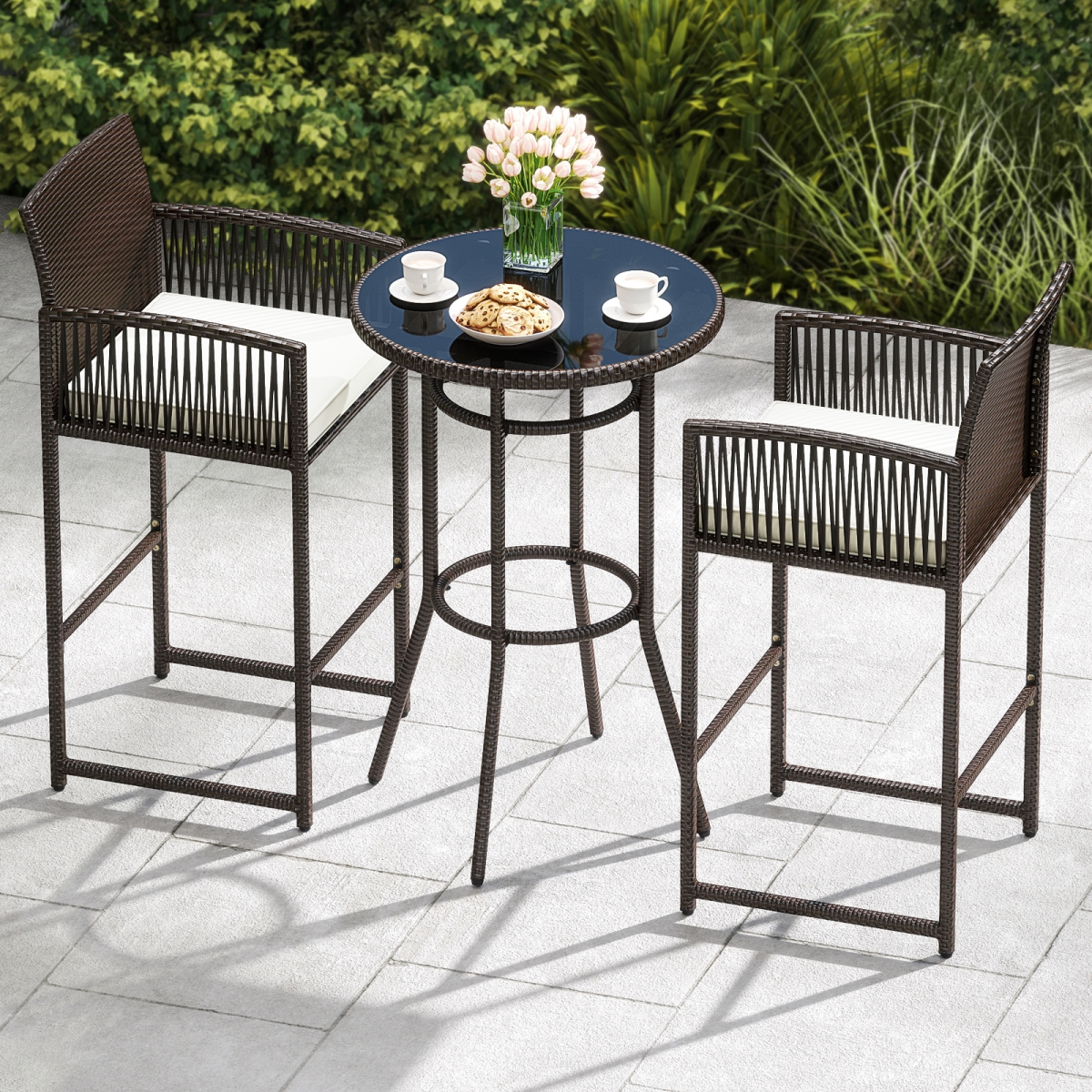 HW74695WH Patio Bar Set - Outdoor Wicker Bar Height Round Table & Armchairs, White - 3 Piece