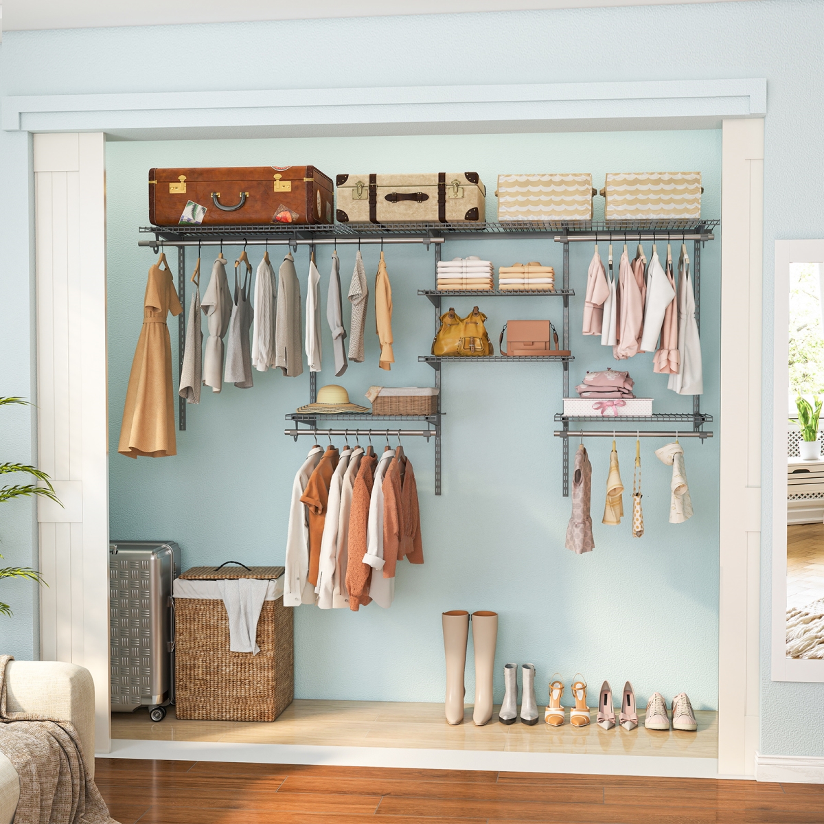 JZ10353GR 4-8 ft. Closet Organizers & Storage System with Hanging Rod for Laundry Bedroom, Gray