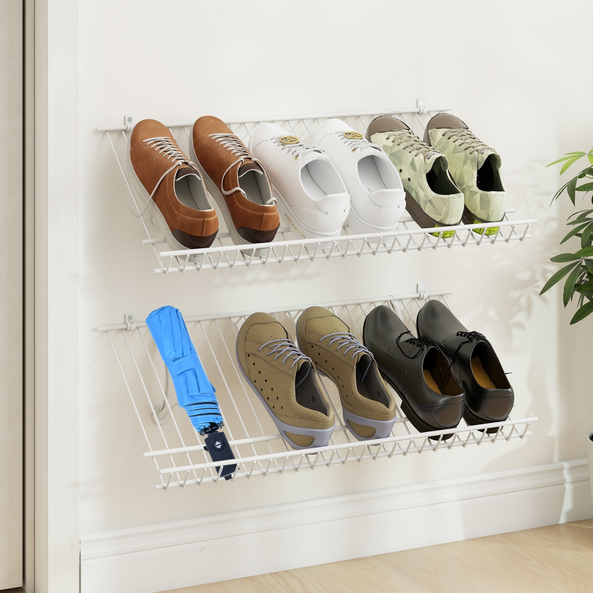 JZ10357 Closet Shelves Wall Mounted Metal Wire Shoe Racks, White - Set of 2