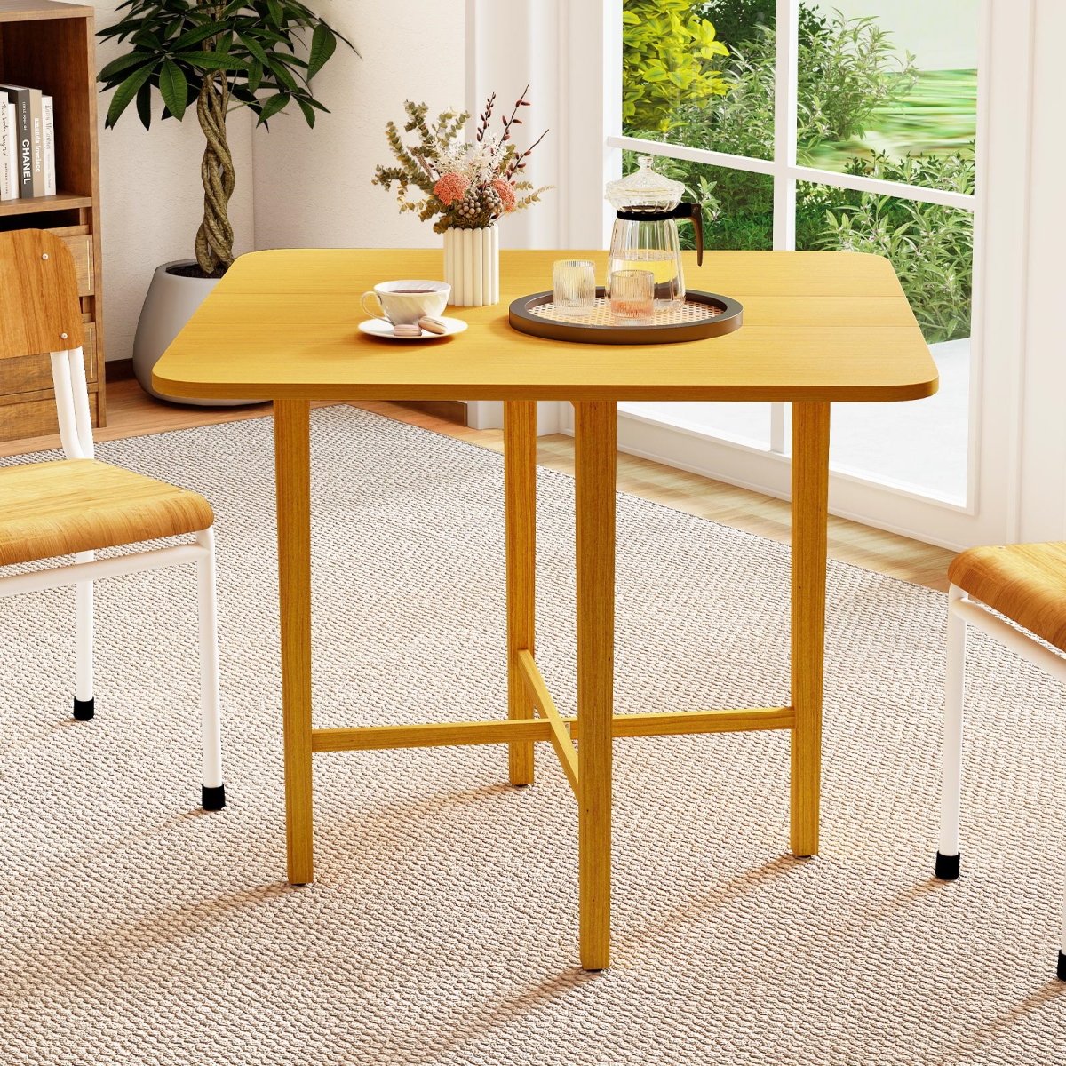 KC58821NA Foldable Dining Table for 2-4 People with Rubber Wood Legs for Small Space, Natural