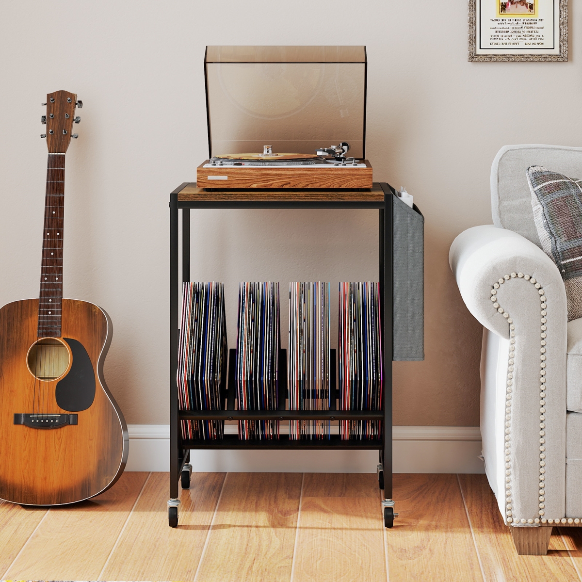 JV13304CF Rolling 2-Tier Record Player Stand with Vinyl Storage & Magazine Holder Bag, Rustic Brown
