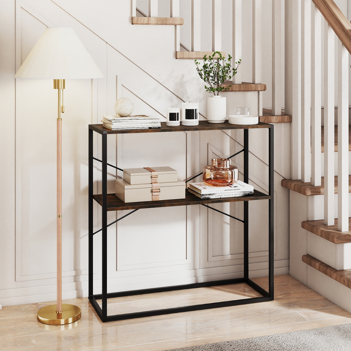 JV13358CF 36 in. Console Table 2-Tier Entryway Table with Wooden Open Shelves & Metal Frame, Rustic Brown