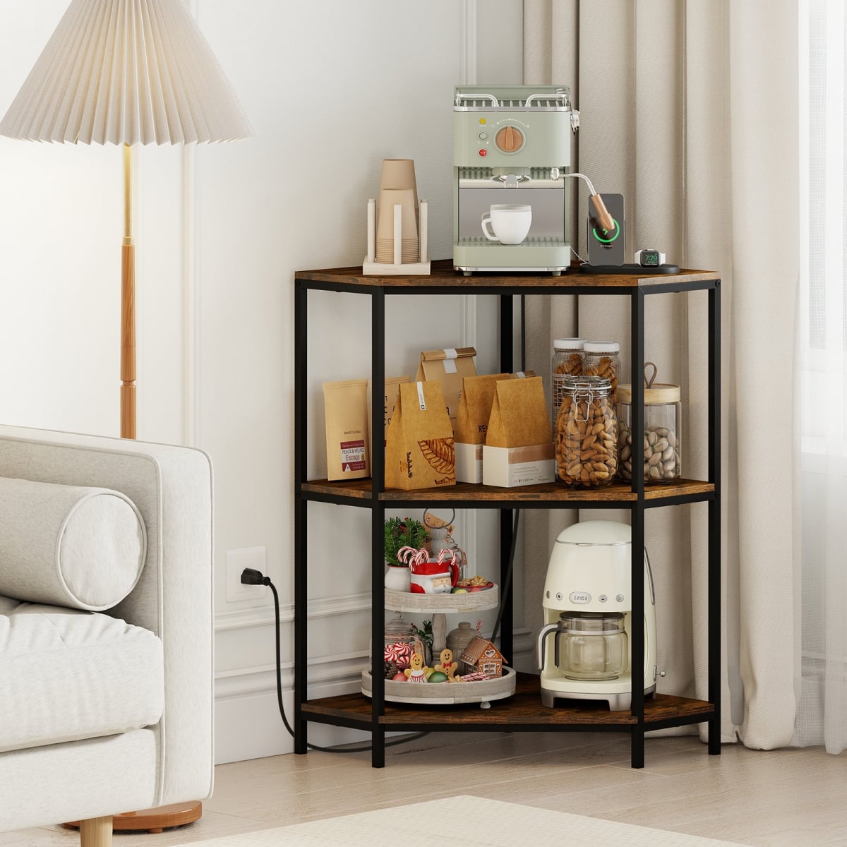 JV13405US-1DK Corner Printer Stand 3-Tier Corner Shelf with Charging Station & Metal Frame, Rustic Brown