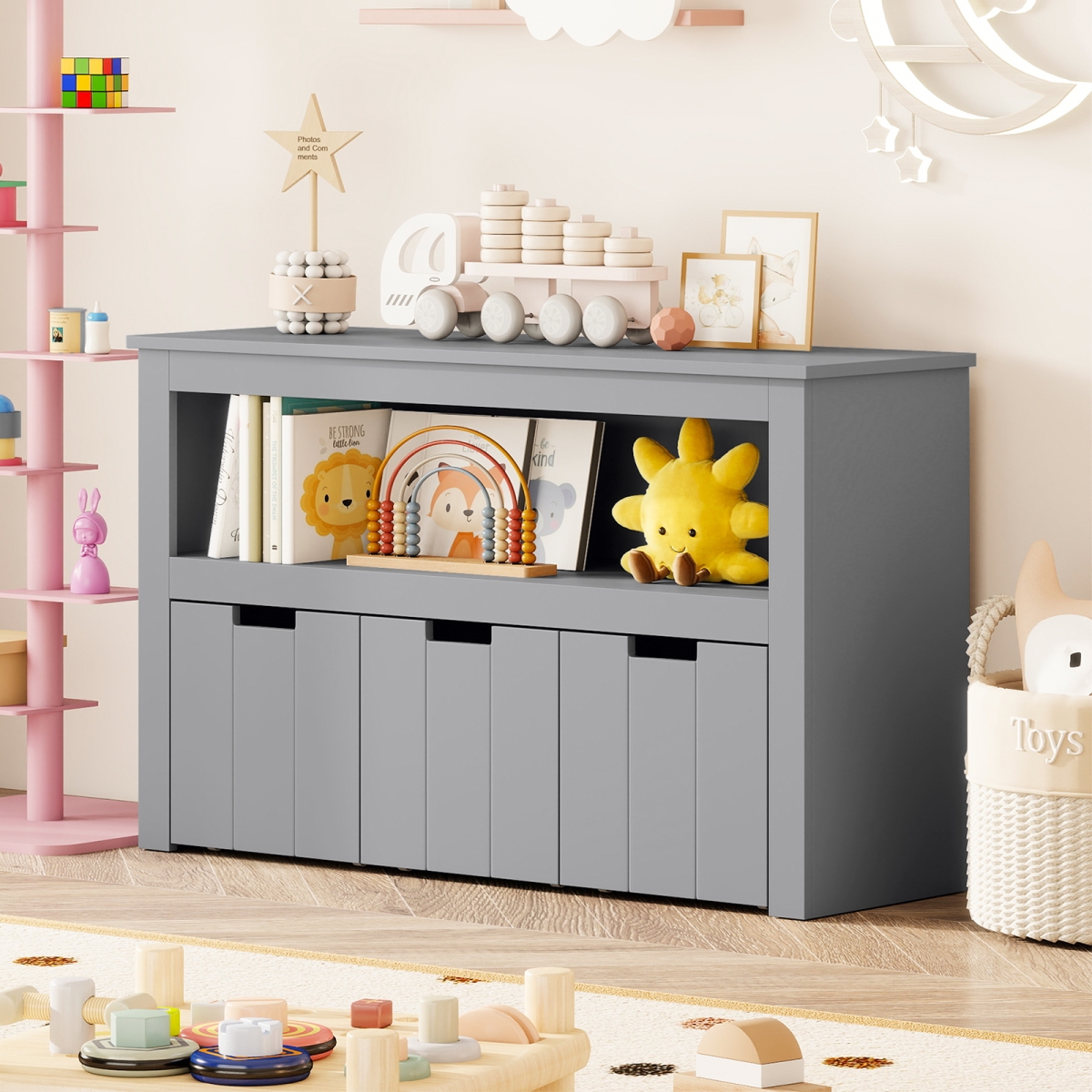 JV13501GR Kid Toy Storage Cabinet Drawer Chest with Wheels & Large Storage Cube Shelf, Gray