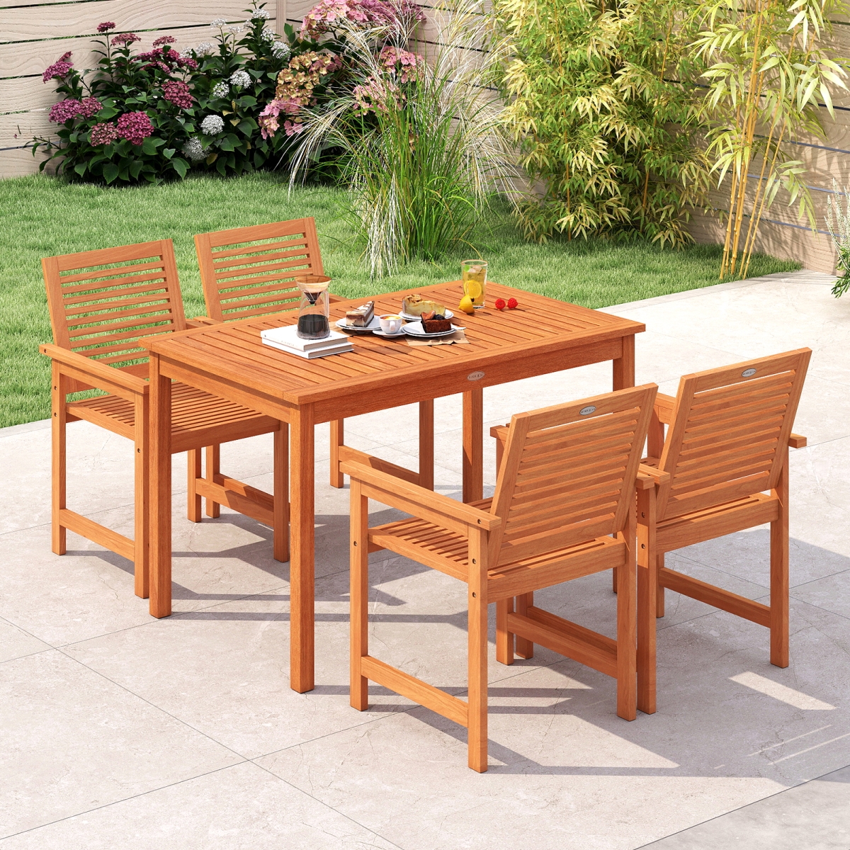 JV13535-2-OP71366 Patio Wood Dining Set with Outdoor Rectangular Table & Chairs, Natural - 5 Piece