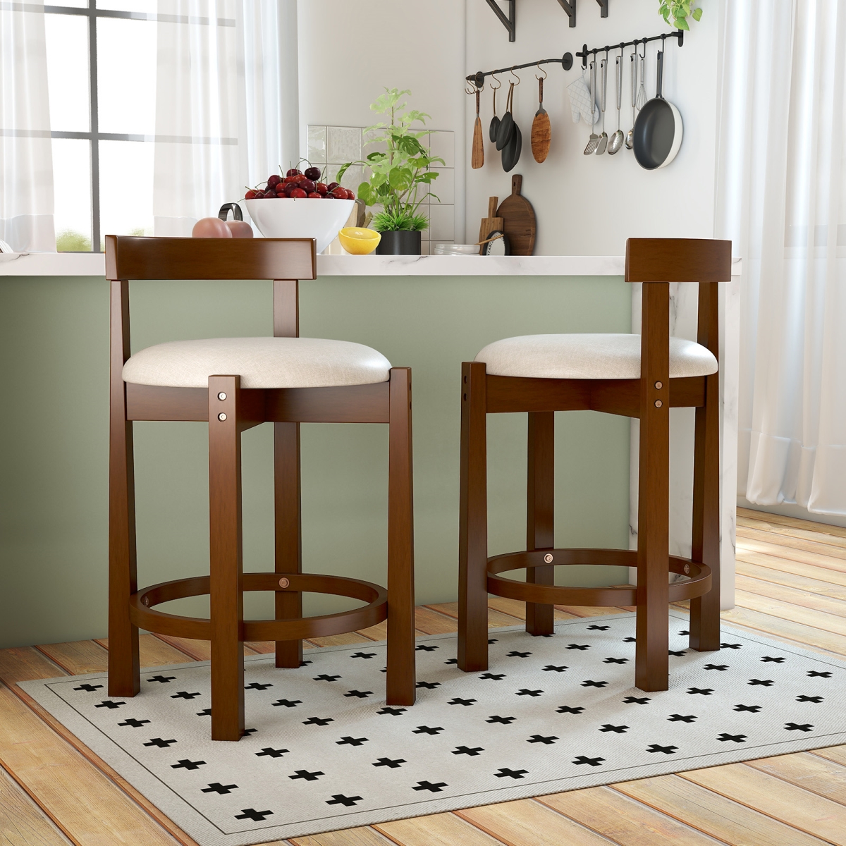 JV13570BE-2 24 in. Counter Height Bar Stools with Backrests & Footrests, Beige - Set of 2