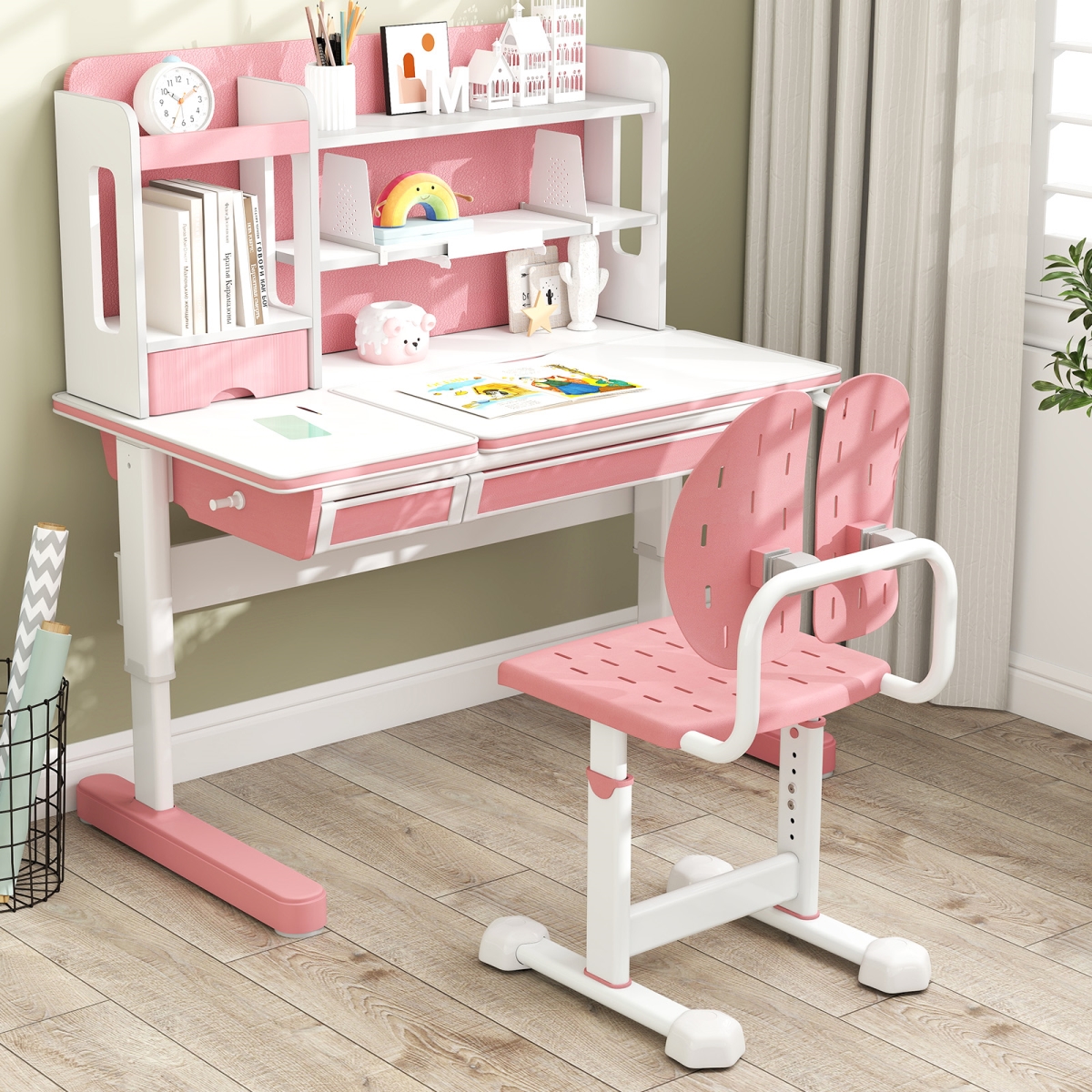 HY10413PI Height-Adjustable Kids Study Chair with Double Back Support & Breathable Seat for 3 Plus Years Old, Pink