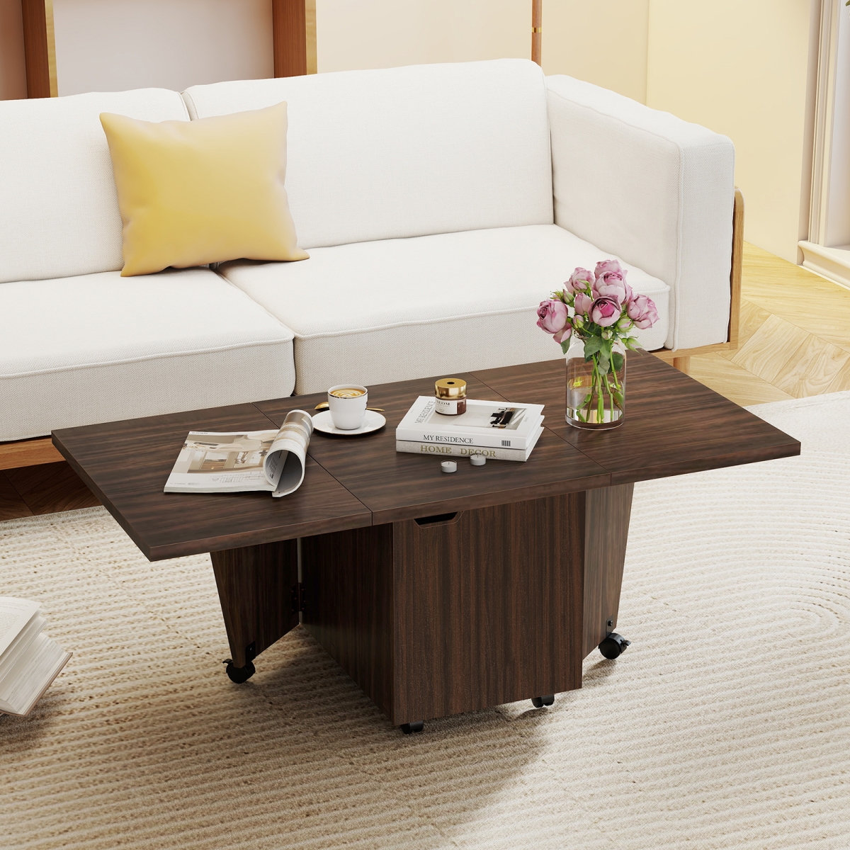 JV13393WN Foldable Coffee Table with Storage Cabinet Extendable Center Table, Walnut