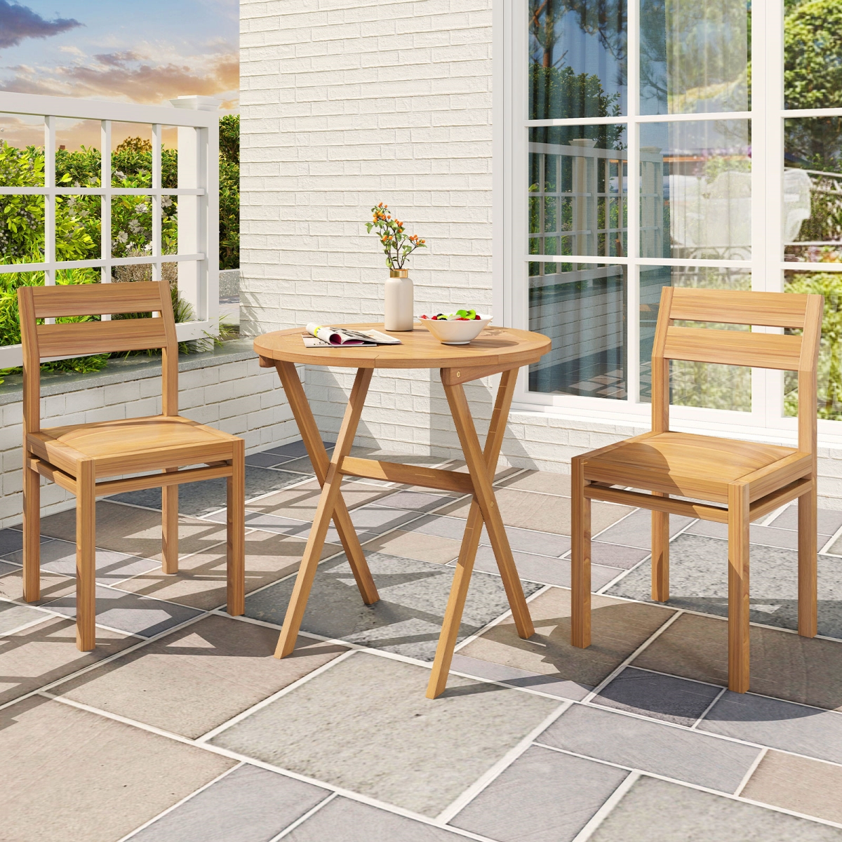 JV13414 Outdoor Side Table with Slatted Tabletop & X-Shaped Structure, Natural