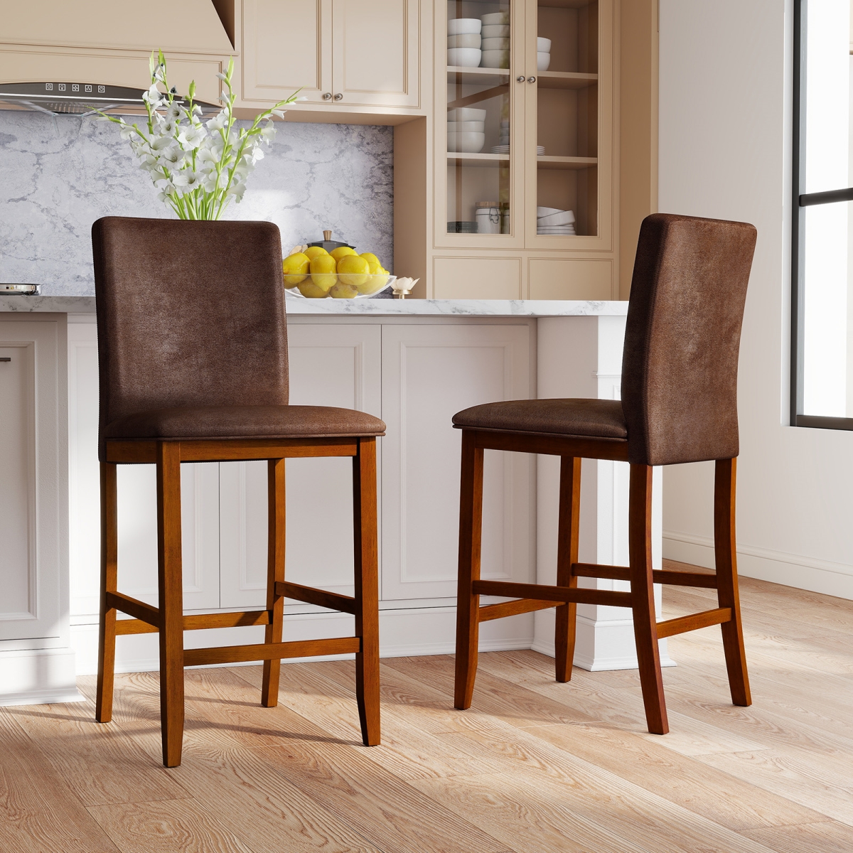 JV13483WN Counter Barstools with Rubberwood Legs & Upholstered Seat, Walnut - Set of 2