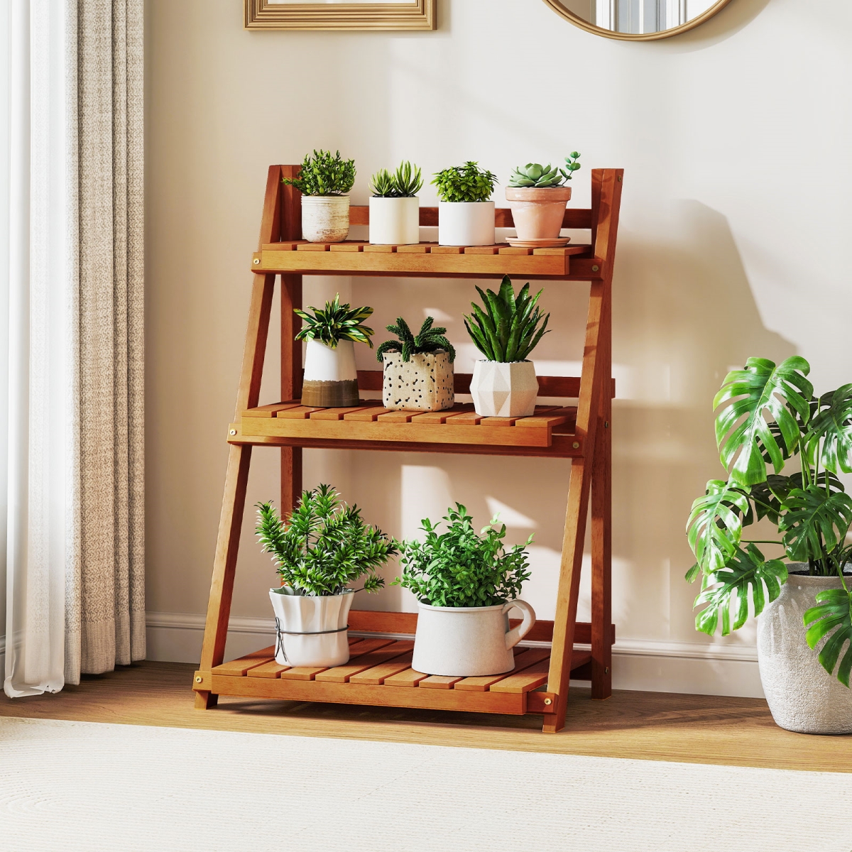 JV13546 Foldable 3-Tier Solid Wood Plant Stand for Patio Balcony, Natural