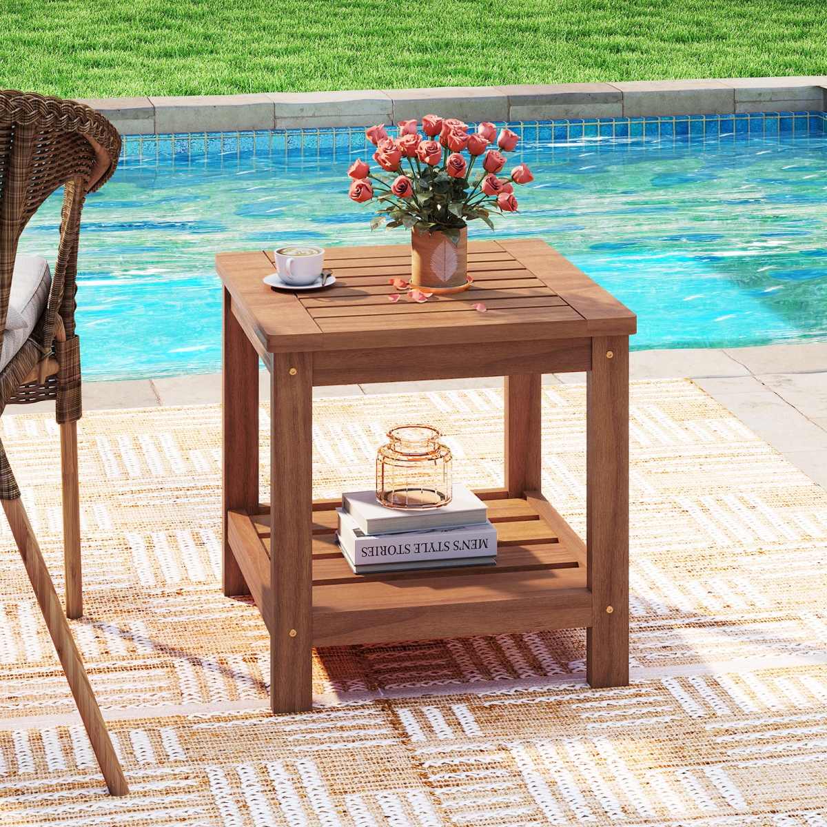 JV13547 2-Tier Outdoor Side Table with Storage Shelf for Patio, Natural