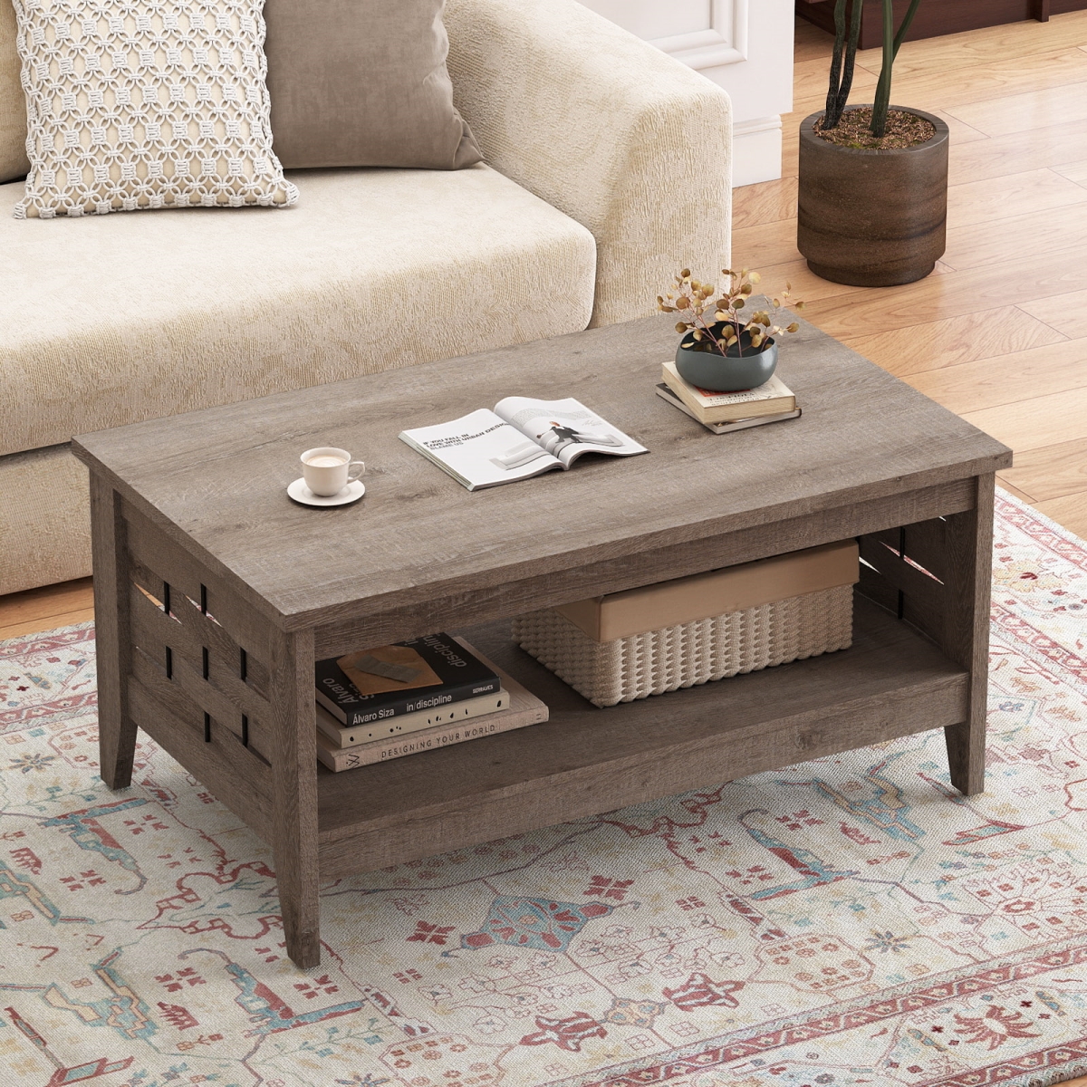 JV13626OA 2-Tier Farmhouse Coffee Table with Open Shelf & Woven Decorations for Living Room, Oak