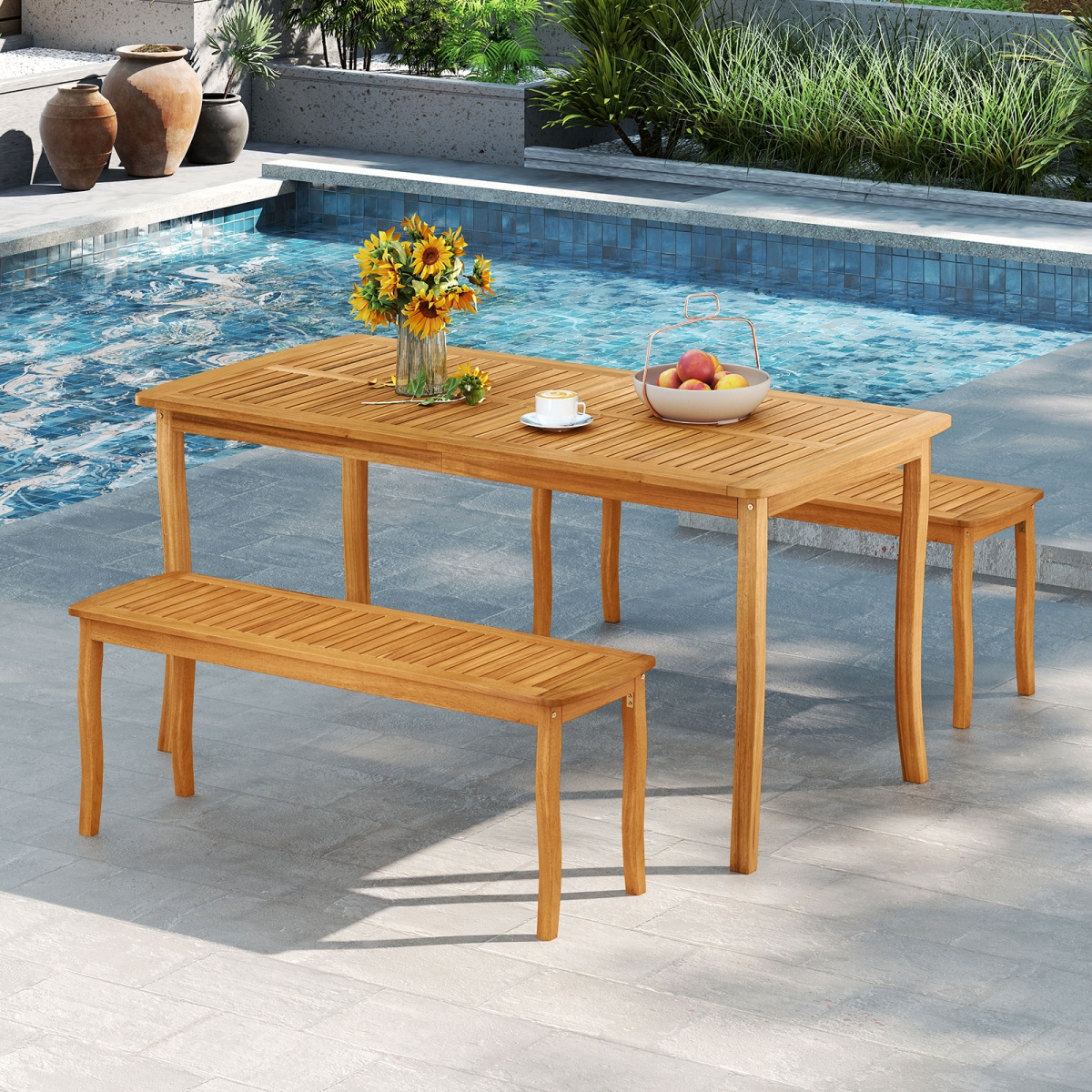 HW74346-HW74345-2 Patio Dining Set with Acacia Wood Outdoor Table & Benches, Natural - 3 Piece